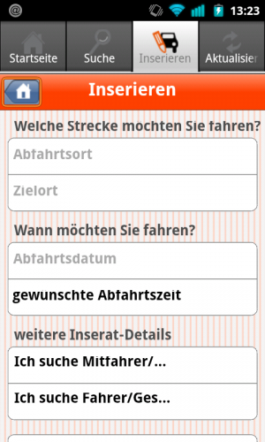 Abbildung 8: Zum Inserieren muss man bei Mitfahrzentrale einige Fragen beantworten.