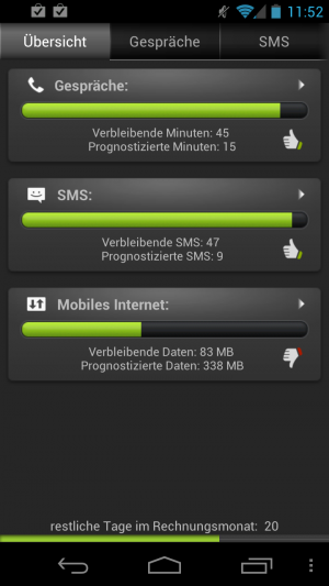 Abbildung 4: Im Hauptdialog zeigt Ihnen Droidstats die aktuellen Daten an und zeigt via Daumen, ob Sie auf Kurs sind.