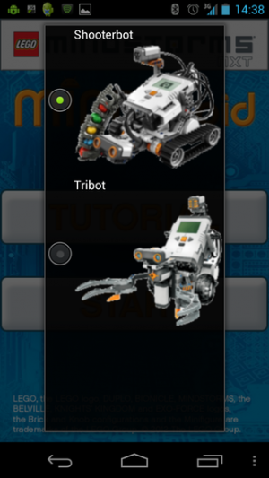 Abbildung 7: Die Auswahl des Robotermodells in der App MINDdroid.