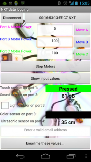 Abbildung 12: Der Tastsensor ist gedrückt, der Geräuschsensor empfängt 81 dB und das nächste Hindernis ist 35 cm entfernt.