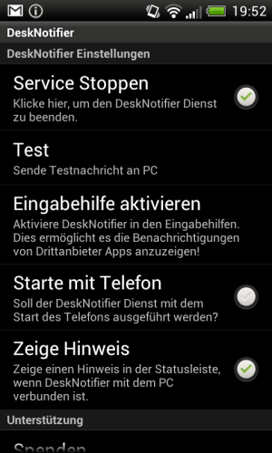Abbildung 11: DeskNotifier für Android selber läuft hauptsächlich im Hintergrund, die App dient nur zum Einrichten.