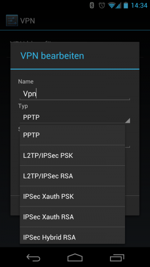 Abbildung 1: Android selber unterstützt nur PPTP, L2TP und L2TP/IPSec als VPN-Dienst.