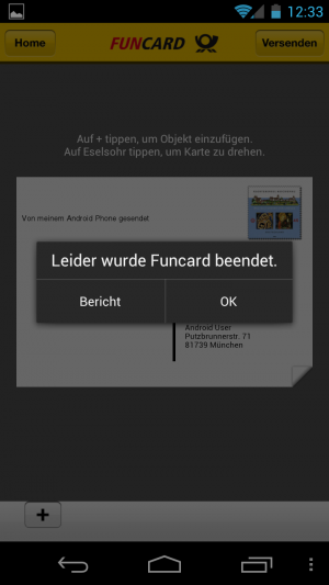 Abbildung 7: Unter Android 4.0 stürzte die Funcard-App reproduzierbar ab. Nur mit viel Geduld konnten wir überhaupt eine Karte verschicken.