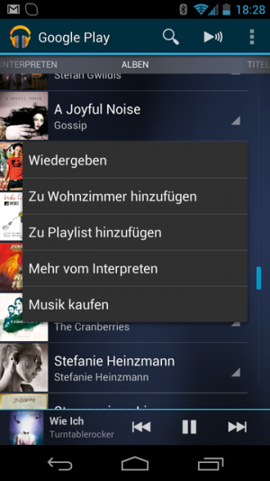 Abbildung 6: Play Music hat in der Menü-Zeile einen neuen Button für den Q dazu gewonnen.