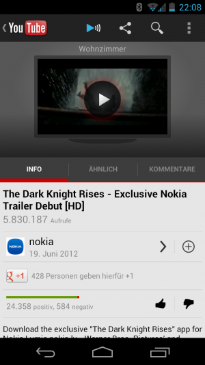 Abbildung 7: Auch YouTube streamt seine Inhalte vom Handy direkt auf den Nexus Q.
