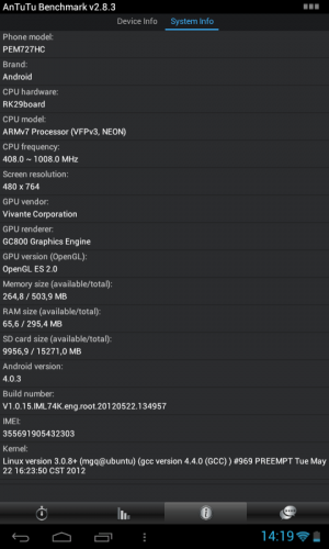 Abbildung 1: Laut AnTuTu-Benchmark arbeitet die verbaute CPU mit einer maximalen Taktfrequenz von 1004 MHz.