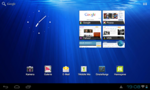 Abbildung 5: Der Homescreen des Hannspad SN70T3 im Auslieferungszustand. Das WLAN-Symbol blieb stets grau.