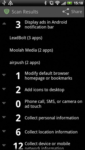 Abbildung 8: Lookout Ad Network Detector zeigt Ihnen, welche Apps die nervigen Push-Ads einblenden.