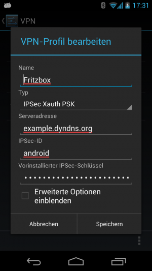 Abbildung 4: Die Zugang zum VPN einer FRITZ!Box braucht den VPN-Typ IPSec Xauth PSK.