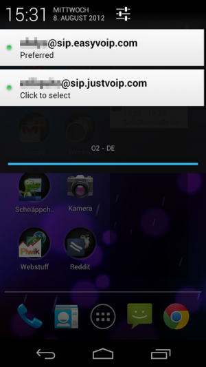 Abbildung 6: Über den als "preferred" markierten Anbieter führt Sipdroid automatisch alle ausgehende Telefonate.