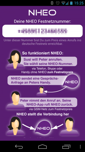 Abbildung 1: NHEO erklärt Ihnen in der App wie Ihre NHEO-Ortsnetzrufnummer funktioniert.