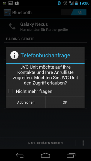 Abbildung 2: Das Radio erfragt den Zugriff auf Kontakte und Ruflisten, so können Sie das Adressbuch vom Radio aus benutzen.