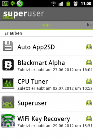 Abbildung 1: Hat der Root-Vorgang geklappt, finden Sie die Superuser-App auf Ihrem Galaxy Ace.