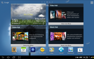 Abbildung 1: Auf dem Homescreen des 10,1-Zoll großen Galaxy-Note-Tablets ist reichlich Platz für zahlreiche Widgets.