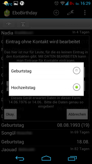 Abb 3: Abseits von Geburtstagen gibt es - je nachdem - auch Hochzeitstage zum eintragen.