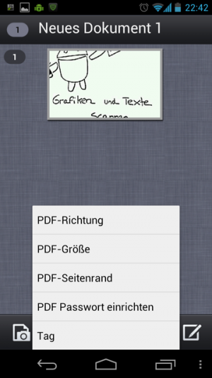 Abbildung 11: Legen Sie zur Sicherheit im Menü des CamScanners für Ihr Dokument ein Passwort an. Hier können Sie auch Layout und Größe des PDFs festlegen.