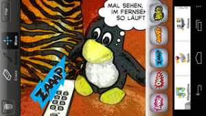 Abbildung 4: Einfügen eines Comicsymbols der App Foto Comics in das Bild. Neben solchen Lautmalereien stehen auch Sprechblasen mit Texten sowie diverse Comicbildchen zur Verfügung.