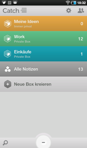 Abbildung 1: Catch verwaltet Ideen und Notizen in Boxen. Wer ein Benutzerkonto bei Catch.com eröffnet, kann bis zu fünf dieser Ideenbaukästen kostenlos nutzen.