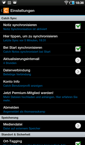 Abbildung 6: Die umfangreichen Voreinstellungen lassen zum Beispiel die Konfiguration des Synchronisationsverhaltens, des Geo-Taggings, des Aussehens der App sowie der Benachrichtigungsfunktion zu.