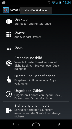 Abbildung 5: Der Nova Launcher versteckt experimentelle Features in einem "Labs-Menü".