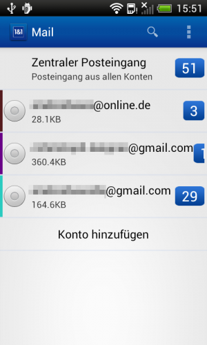 Abbildung 2: Mit der 1&1-Mail-App lassen sich auch Konten anderer Anbieter wie etwa Gmail abrufen.