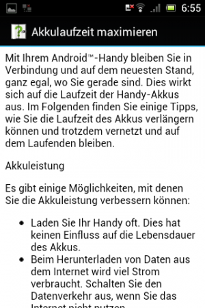 Abbildung 5: Die Akkutipps behandeln die üblichen Themen: "Nutzen Sie das Smartphone nicht, dann hält die Batterie länger."