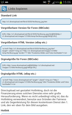 Abbildung 4: Gleich nach dem Upload stellt die App alle wichtigen Links zum Foto zur weiteren Nutzung über die Zwischenablage zur Verfügung.