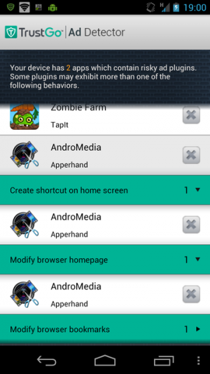 Abbildung 3: Der TrustGo Ad Detector warnt hier vor zwei riskanten Anwendungen aus dem Play Store.
