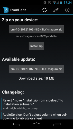 Abbildung 3: CyanDelta schrumpft die CyanogenMod-Downloads deutlich ein, indem nur die Änderungen geladen werden.