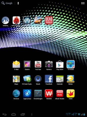 Der Homescreen des Tablets. Die oberen fünf App haben wir installiert.