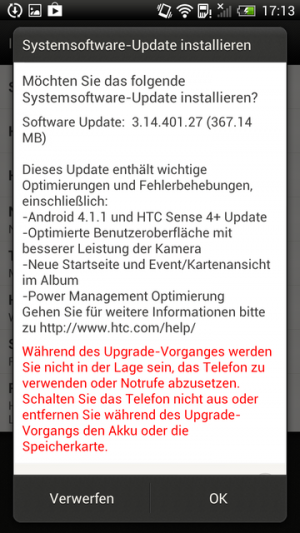 Das Update mit Android 4.1 ist rund 380 MByte groß.