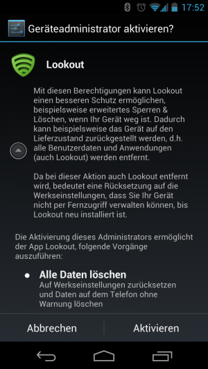 Abbildung 5: Um das Handy komplett löschen zu können, muss Lookout Geräteadministrator sein.