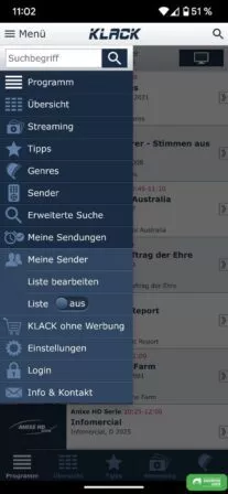 Menü von Klack TV