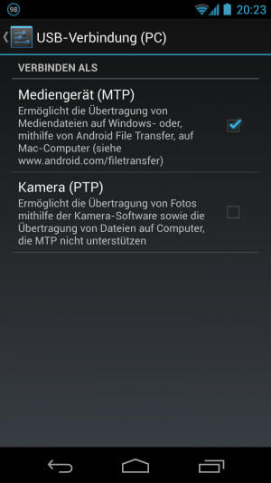 Spätestens mit Android 4.1 bieten sämtliche Hersteller für den Datentransfer nur noch MTP und PTP an.