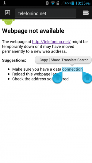 Markierte Begriffe lassen sich übersetzen, bei Wikipedia nachschlagen (hier mangels Internet nicht zu sehen) oder teilen.