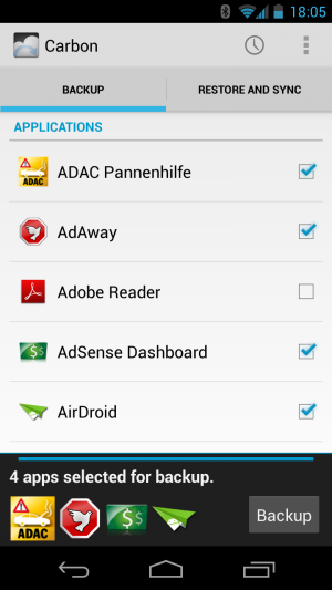 Abbildung 4: Carbon sichert bis auf die Google Apps wie Gmail (fast) alle Apps inklusive ihrer Daten.