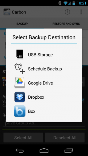 Abbildung 6: Carbon Backup unterstützt verschiedene Cloudspeicherdienste wie Google Drive oder Dropbox.