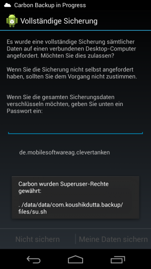 Abbildung 7: Das Backupprogramm ruft den seit Android 4.0 verfügbaren Backupmodus vom Handy aus auf.