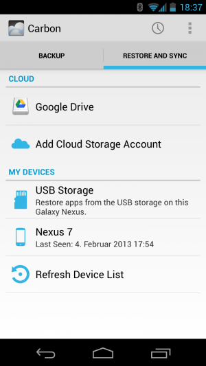 Abbildung 8: Neben reinen Backups bietet Carbon auch die Möglichkeit Daten zwischen Handys zu synchronisieren.