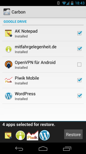 Abbildung 9: Jede mit Carbon Backup gesicherte Android-App kann einzeln wiederhergestellt werden.