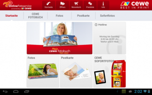 Abbildung 1: Die Startseite der Cewe Fotowelt auf einem Tablet. Einen Portrait-Modus gibt es nicht.