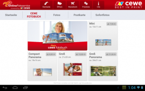 Abbildung 2: Die Auswahlmöglichkeiten für Fotobücher auf einem Tablet. Bei der Smartphone-Version gibt es nur Mini und Compact Panorama.