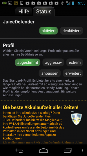 JuiceDefender ist der Oldtimer unter den Stromspar-Apps. Das merkt man leider auch beim Design.