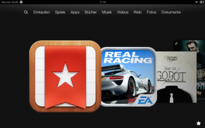 Der übersichtliche Homescreen des Kindle Fire HD 8.9 nach der Installation weiterer Apps.