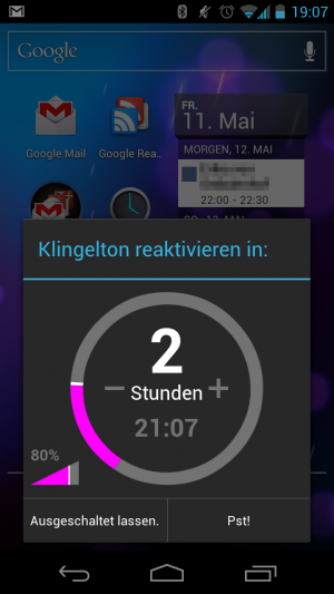 Abbildung 3: Shush! schaltet die Lautstärke nach Ablauf eines Timer automatisch wieder auf hörbar.