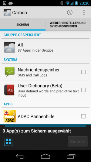 Abbildung 9: Carbon erstellt Backups Ihrer Apps und deren Daten auch ohne Root-Rechte auf dem Handy.