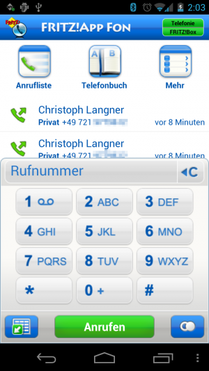 Abbildung 7: Die FRITZ!App Fon klinkt sich in die Telefonie der FRITZ!Box ein und verwandelt Ihren Androiden in ein schnurloses Festnetztelefon.