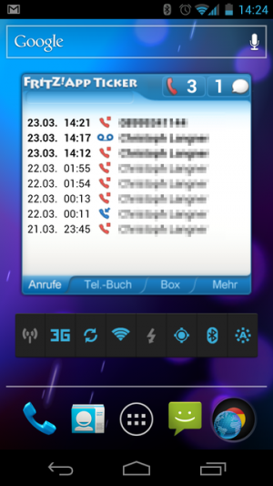 Abbildung 10: Das FRITZ!App Ticker Widget informiert Sie über verpasste Anrufe.