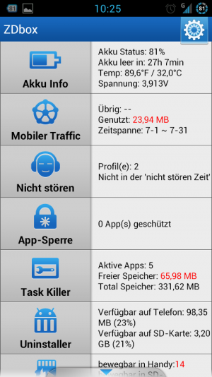 Abbildung 1: Das Hauptmenü der ZDbox mit den einzelnen Menüpunkten.