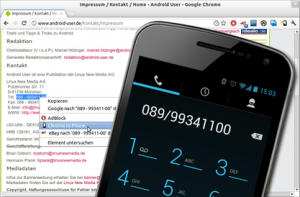 Abbildung 9: Chrome to Phone überträgt Telefonnummern aus dem Browser auf das Handy.